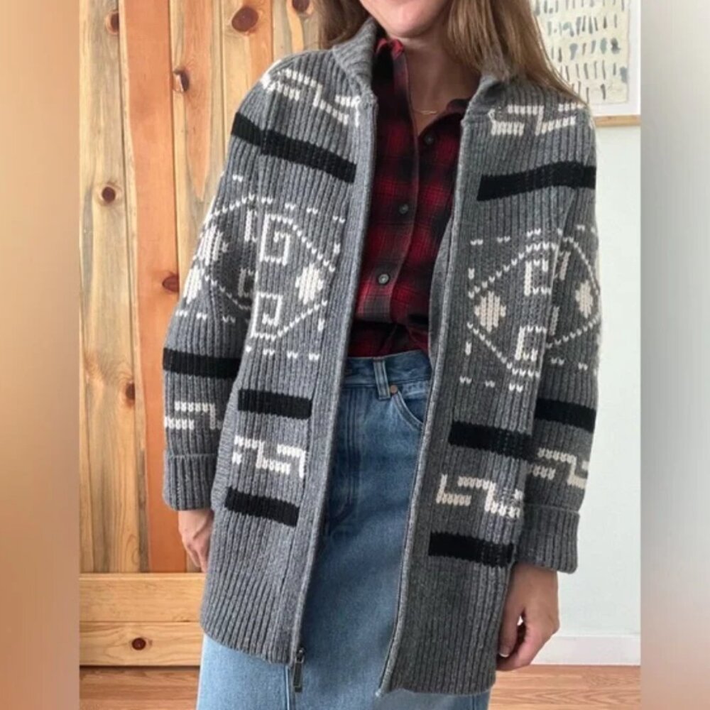 Pendleton Westerly The Dude Women’s Gray Black Cream 100% Wool Zip Cardigan